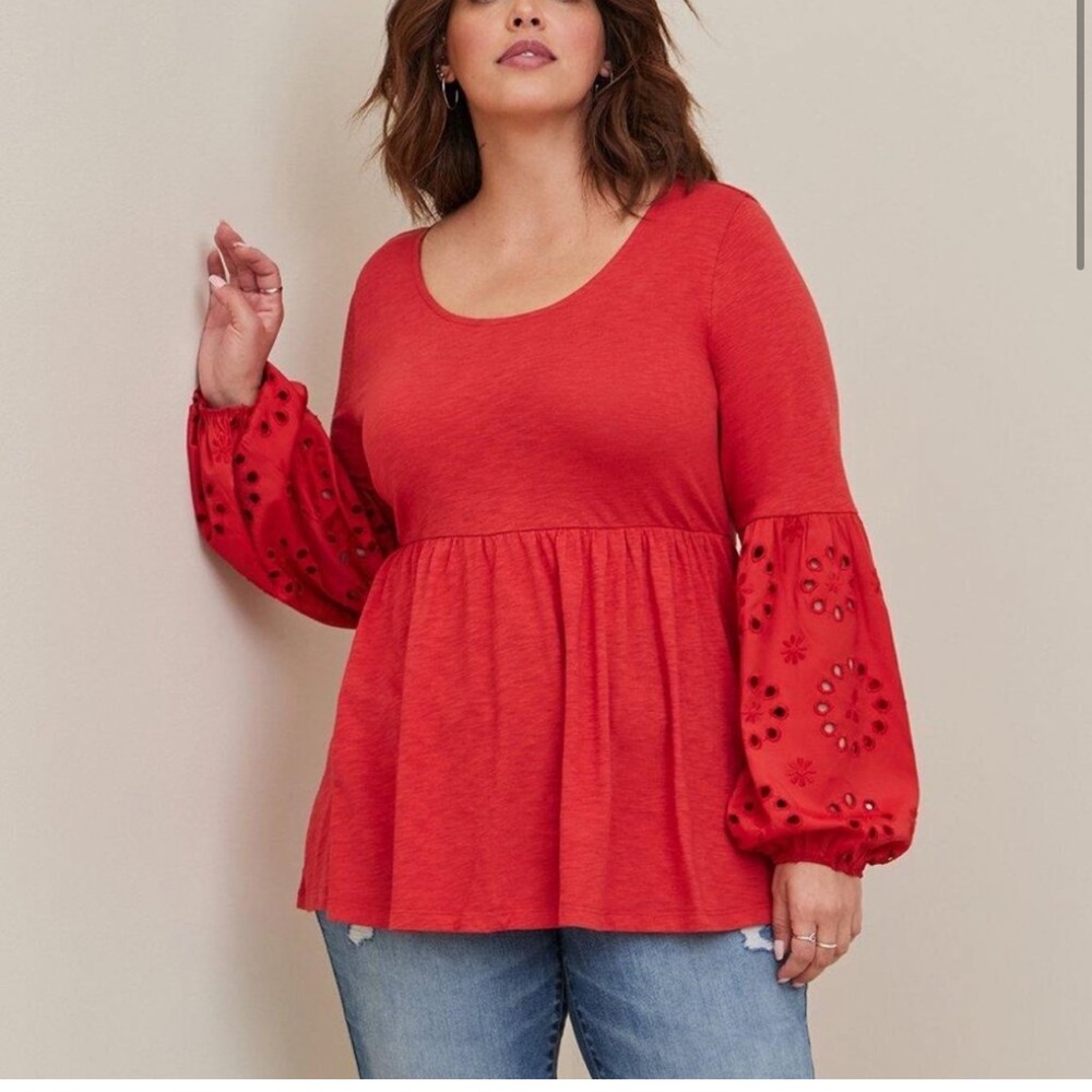 Torrid 2X Knit Eyelet Sleeve Babydoll Valentine’s Day Top Red Plus Size
